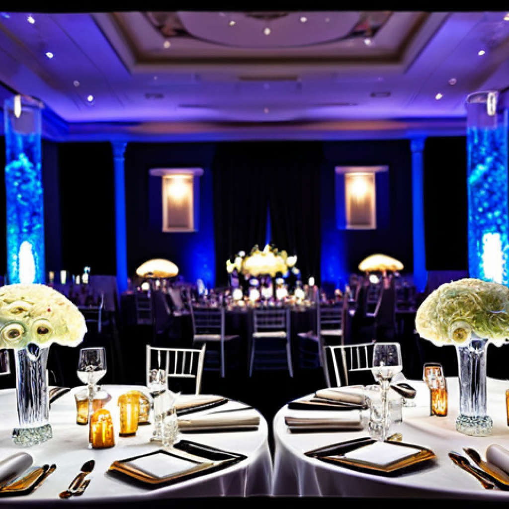 A luxurious wedding reception scene, highlighting stunning custom glass art installations. Elegant glass centerpieces with vibrant floral arrangements, intricate glass candle holders casting soft glows, and personalized glass sculptures adorning tables. Guests are present in the background, dressed in formal, modest attire. The environment is a grand ballroom filled with sophisticated decor and gentle, artistic lighting creating beautiful reflections and refractions. Professional photography, high quality, perfect anatomy, correct proportions, natural pose, well-formed hands, proper finger count, natural body proportions, fully clothed, appropriate attire, modest clothing, professional dress, safe for work, appropriate content, professional, family-friendly.