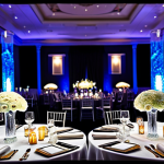 A luxurious wedding reception scene, highlighting stunning custom glass art installations. Elegant glass centerpieces with vibrant floral arrangements, intricate glass candle holders casting soft glows, and personalized glass sculptures adorning tables. Guests are present in the background, dressed in formal, modest attire. The environment is a grand ballroom filled with sophisticated decor and gentle, artistic lighting creating beautiful reflections and refractions. Professional photography, high quality, perfect anatomy, correct proportions, natural pose, well-formed hands, proper finger count, natural body proportions, fully clothed, appropriate attire, modest clothing, professional dress, safe for work, appropriate content, professional, family-friendly.