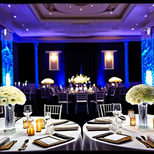 A luxurious wedding reception scene, highlighting stunning custom glass art installations. Elegant glass centerpieces with vibrant floral arrangements, intricate glass candle holders casting soft glows, and personalized glass sculptures adorning tables. Guests are present in the background, dressed in formal, modest attire. The environment is a grand ballroom filled with sophisticated decor and gentle, artistic lighting creating beautiful reflections and refractions. Professional photography, high quality, perfect anatomy, correct proportions, natural pose, well-formed hands, proper finger count, natural body proportions, fully clothed, appropriate attire, modest clothing, professional dress, safe for work, appropriate content, professional, family-friendly.
