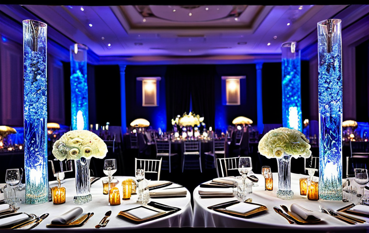 A luxurious wedding reception scene, highlighting stunning custom glass art installations. Elegant glass centerpieces with vibrant floral arrangements, intricate glass candle holders casting soft glows, and personalized glass sculptures adorning tables. Guests are present in the background, dressed in formal, modest attire. The environment is a grand ballroom filled with sophisticated decor and gentle, artistic lighting creating beautiful reflections and refractions. Professional photography, high quality, perfect anatomy, correct proportions, natural pose, well-formed hands, proper finger count, natural body proportions, fully clothed, appropriate attire, modest clothing, professional dress, safe for work, appropriate content, professional, family-friendly.
